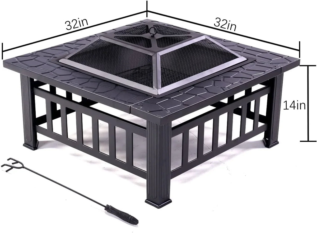32" Fire Square with Pit, Spark or Burning Safe Bonfire Cover for Warmth, exterior Table Outside, BBQ Fire Grand Poker Patio for Mesh Wood Backyard Cooler & Patio Screen Lid Firepit Pit