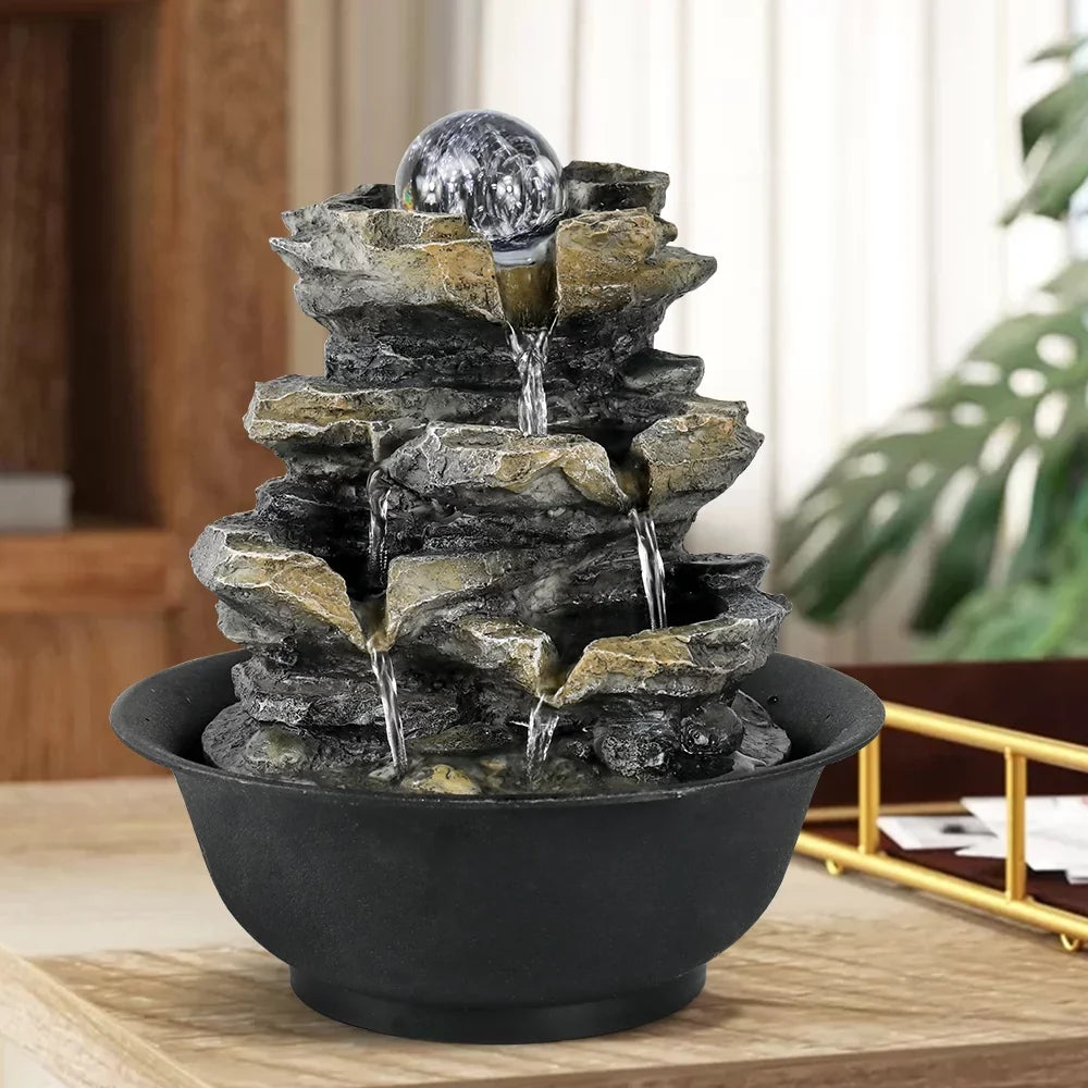 8.3-Inch High 4-Tier Cascading Rock Falls Tabletop Water Fountain With Led Lights For Home And Office Decor