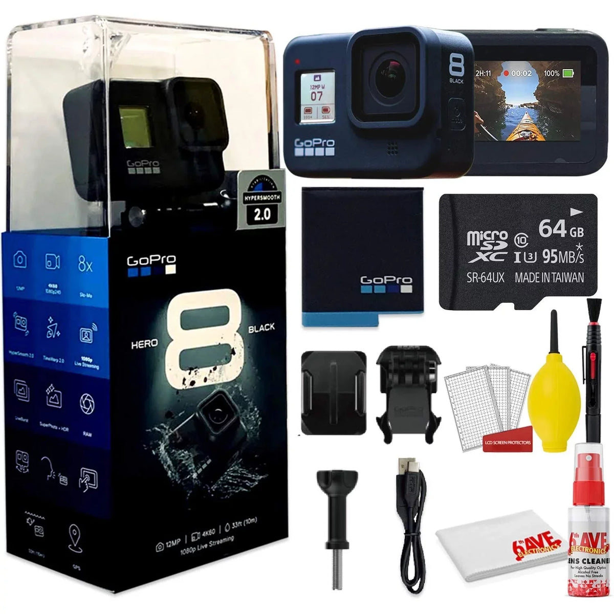 Gopro Hero8 Black Digital Action Camera - With Clean And Care Set + 64Gb Memory Card And More.