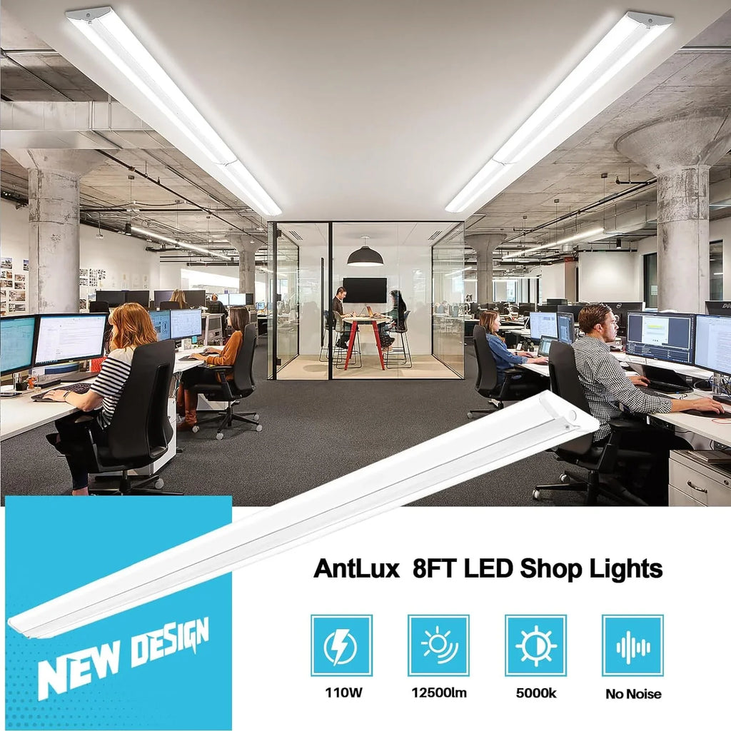 Qcai 8Ft Led Shop Bulb 110W [6-Lamp T8 Fluorescent Equiv.], Compact 8 Foot Strip Lights, 12500Lm, 5000K, Commercial Grade Flush Mount Ultra Slim Led Wraparound For Garage Office Warehouse, 4 Pack