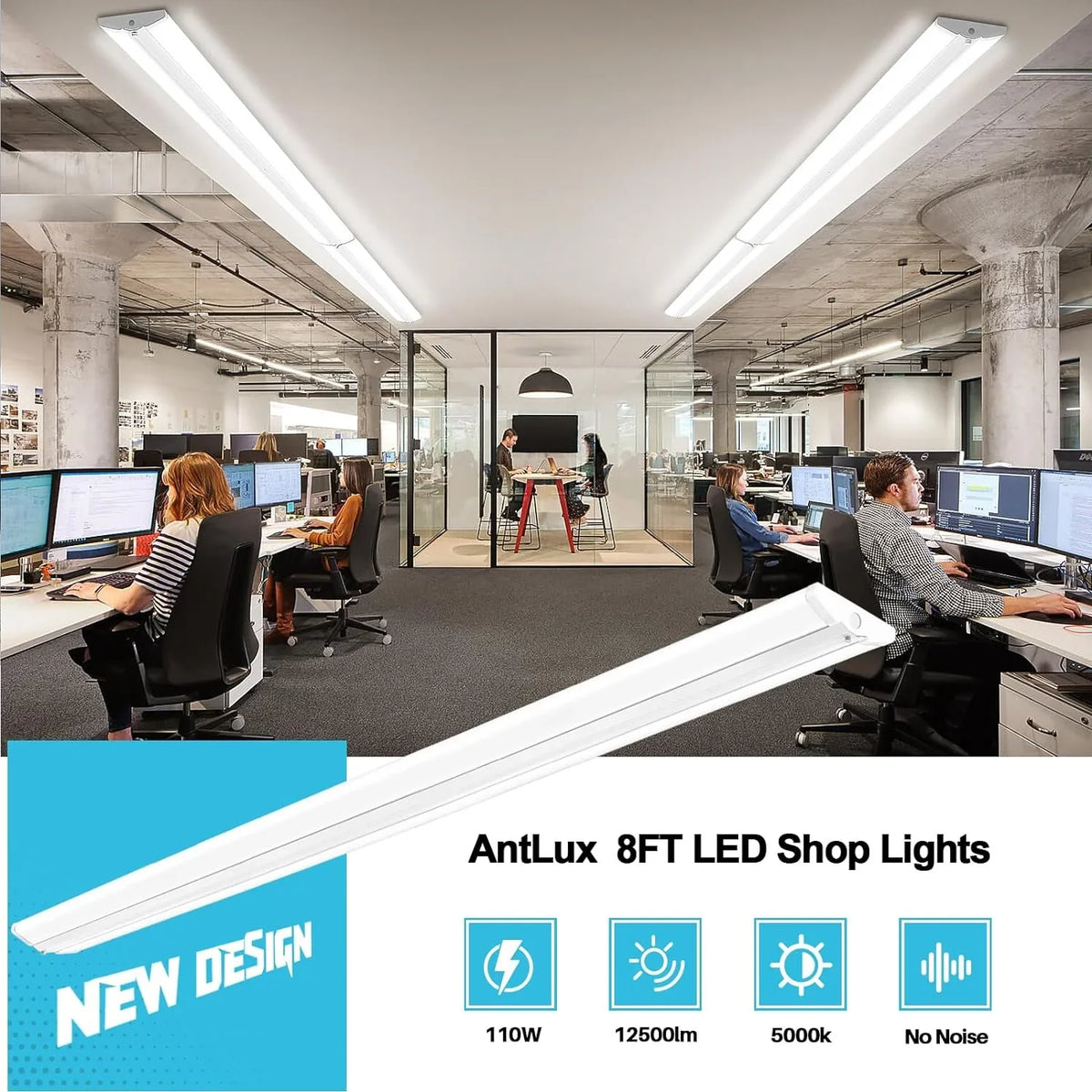Qcai 8Ft Led Shop Bulb 110W [6-Lamp T8 Fluorescent Equiv.], Compact 8 Foot Strip Lights, 12500Lm, 5000K, Commercial Grade Flush Mount Ultra Slim Led Wraparound For Garage Office Warehouse, 4 Pack