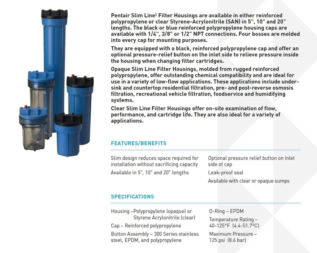Pressure Housing Ports &amp; Pentek with Line Slim 10" 158005 3/8" Filter Release