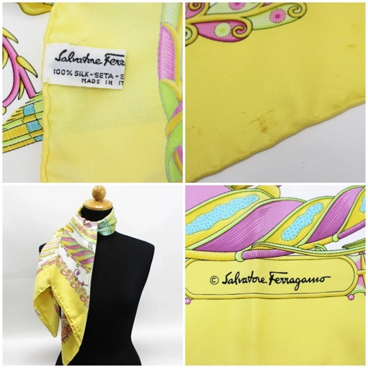 Second-Hand Salvatore Ferragamo Silk Scarf Tropical Fish White X Yellow Salvatore Ferragamo Ladies (Good)