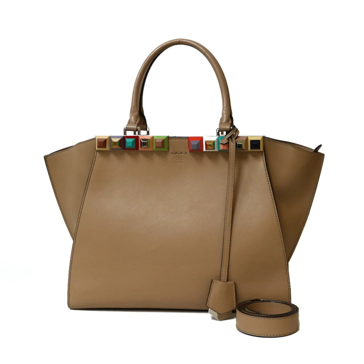 FENDI Beige Trois Bag Shoulder Women's Leather Pre-Owned (Good) Heors
