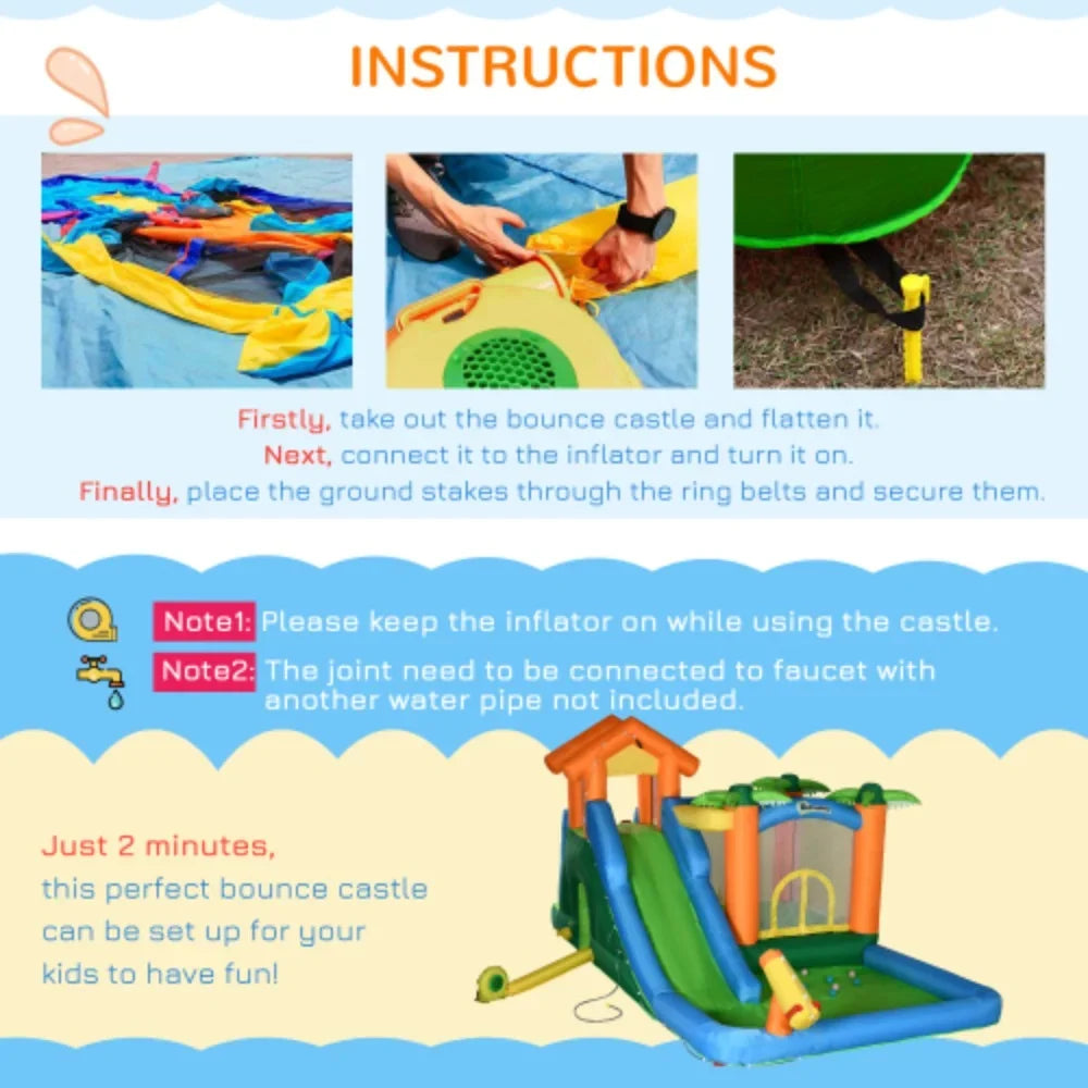 Outsunny 6-In-1 Tropical Inflatable Water Slide Summer Theme Jumping Castle Includes Floating Ball Slide Trampoline Pool Cannon Climbing Wall With Carry Bag, Repair Patches And 450W Air Blower