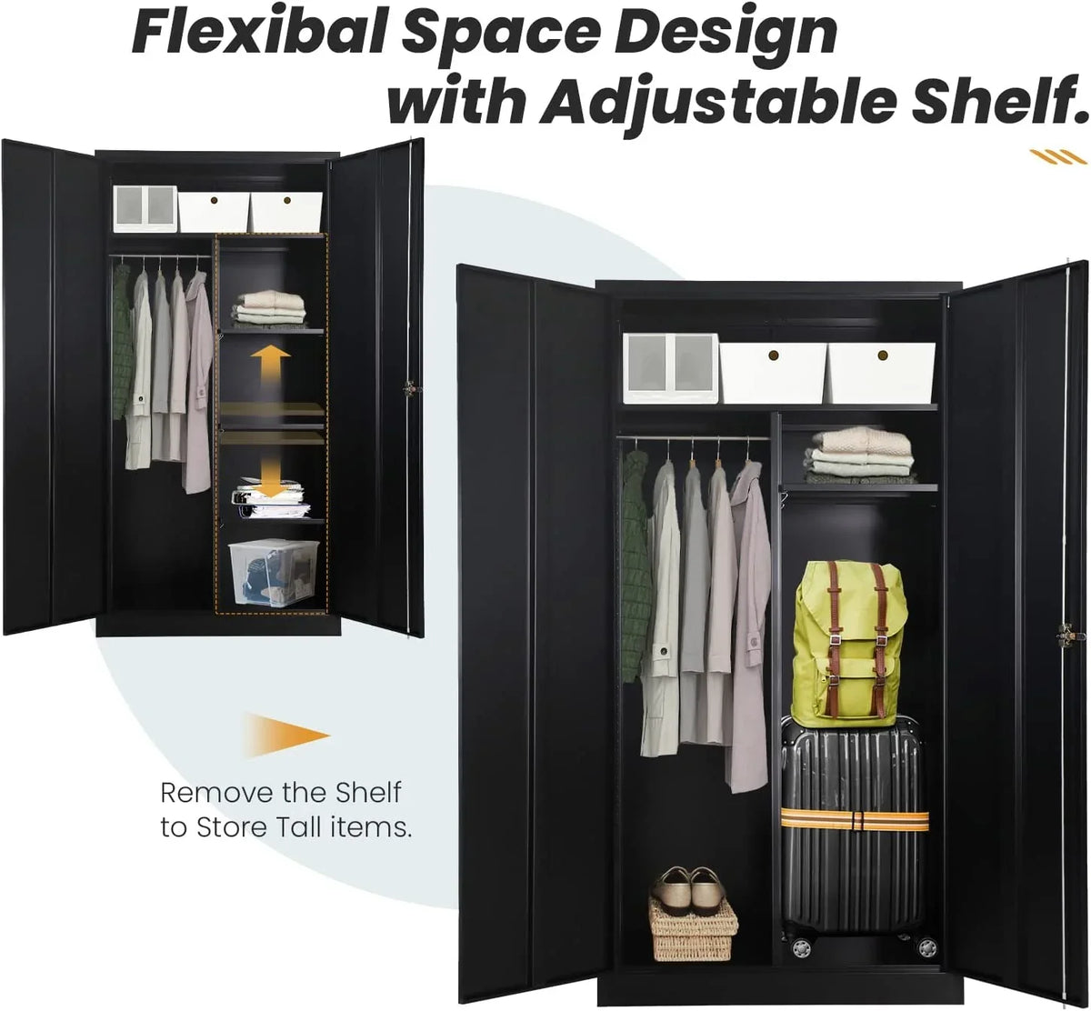 Hoomhibiu Metal Cabinets Locker With Locking Door 72'' Clothing Coat Steel Wardrobe Cabinet With Lock And Shelves For Office Home Garage Employee Freestanding (Black)