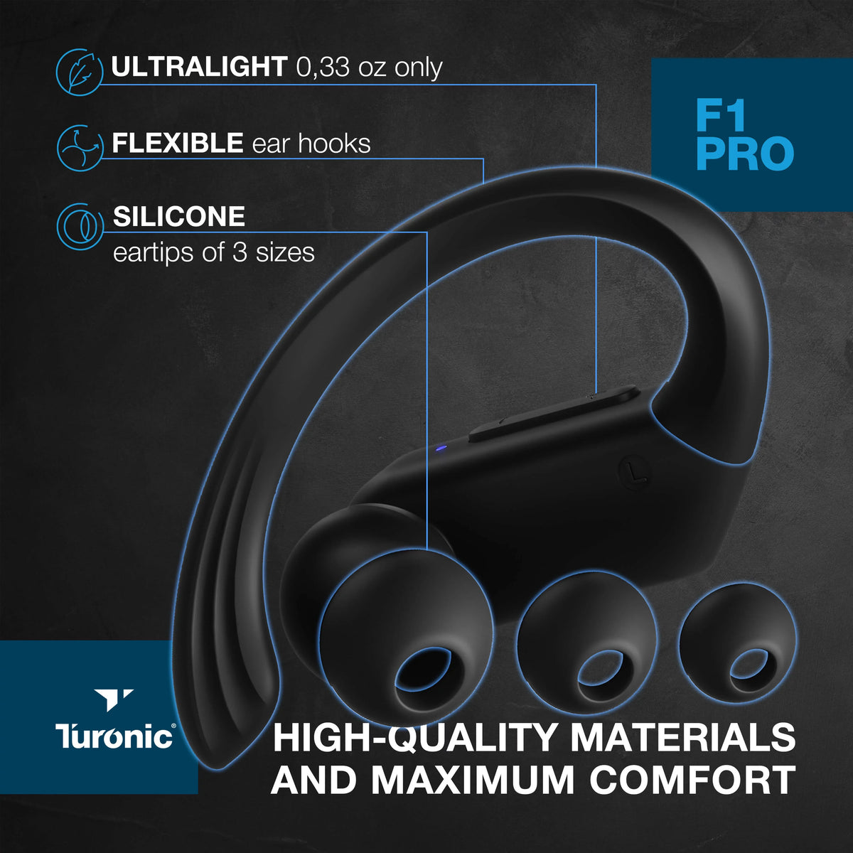 F1 IPX7 Headphones 45H Turonic True Earphones Pro Playtime, Wireless with Sport for - Charging Wireless - - Earbuds Black Gym, - w/Microphone Running, case, Earhook Waterproof Workout Mic, Bluetooth