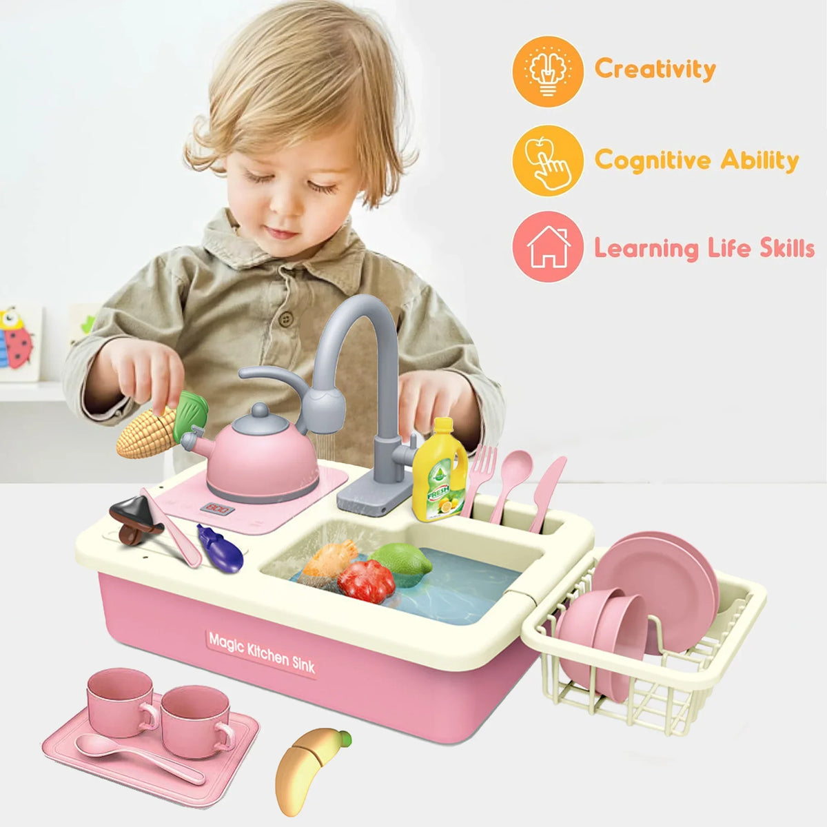 with for Richgv Boys 23PCS Play Sink Food, Induction Kitchen Girls Play with Toy liquid Running liquid, Electric Play Kids Cooker Cutting Play Pretend Toys Role Kitchen Toys Sink