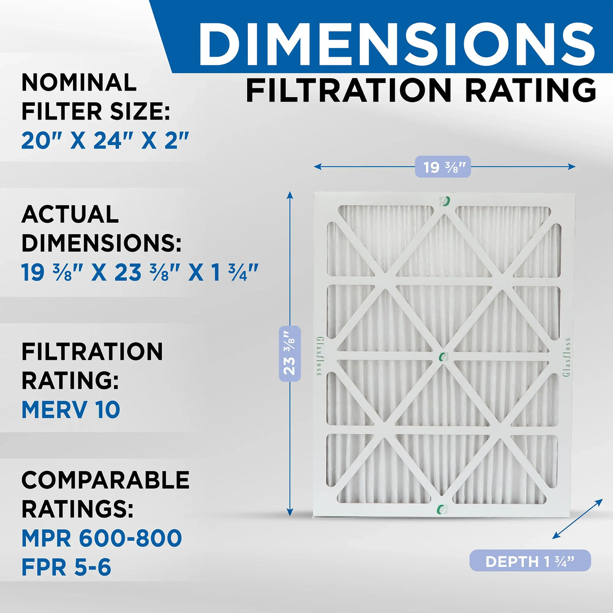 by Quantity Exact 10 5 dimension: MERV Air Glasfloss. Pleated 1-3/4 23-3/8 ( x 20x24x2 19-3/8 HVAC x Filters )