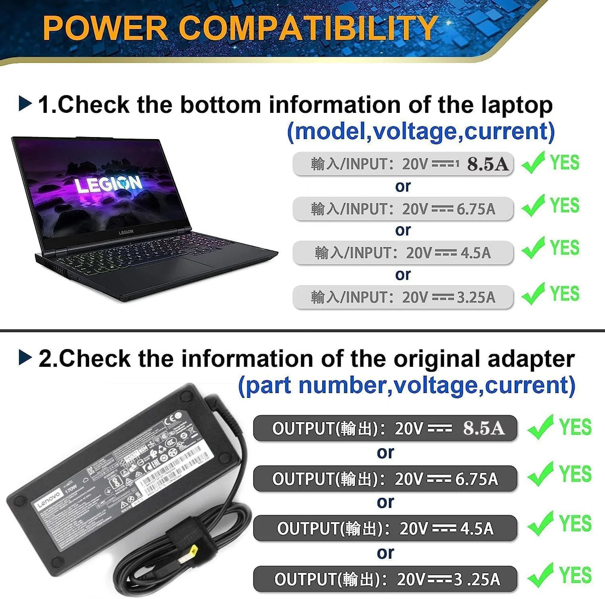 Charger Y7000p Legion Y520 Y740 New Y730 Y7000 Y720 for Y740-15ICHg 5P Fit 170W 5 Y530 Y720-15IKB AC Y540 Lenovo
