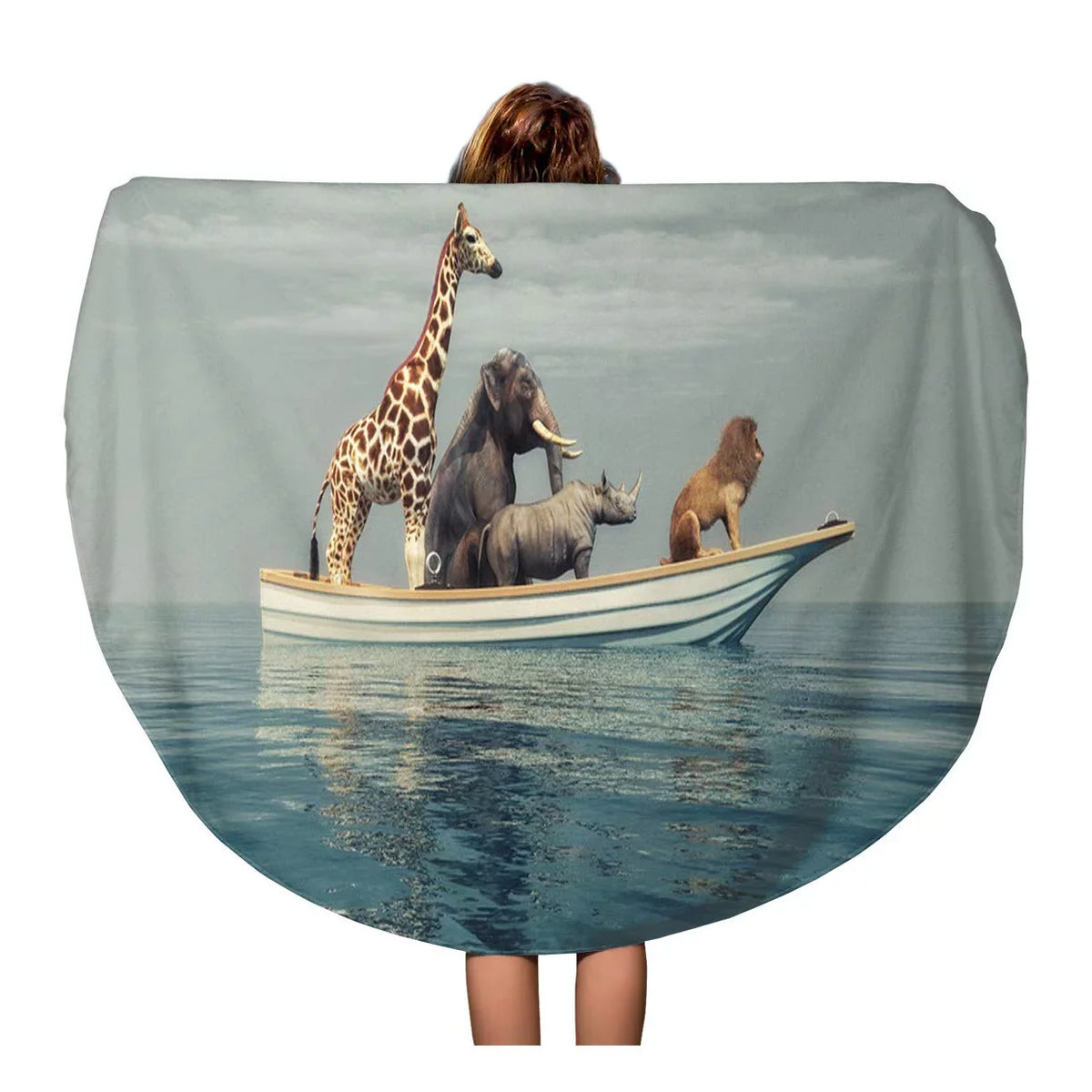 Laddka 60 Inch Round Beach Towel Blanket Wild Lion Rhino Elephant Giraffe Sitting In Boat Travel Circle Circular Towels Mat Tapestry Beach Throw