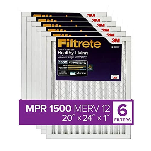 Air Filter, 20x24x1, 1500, MPR Allergen, Filtrate Furnace Living Ultra 6-Pack AC Healthy
