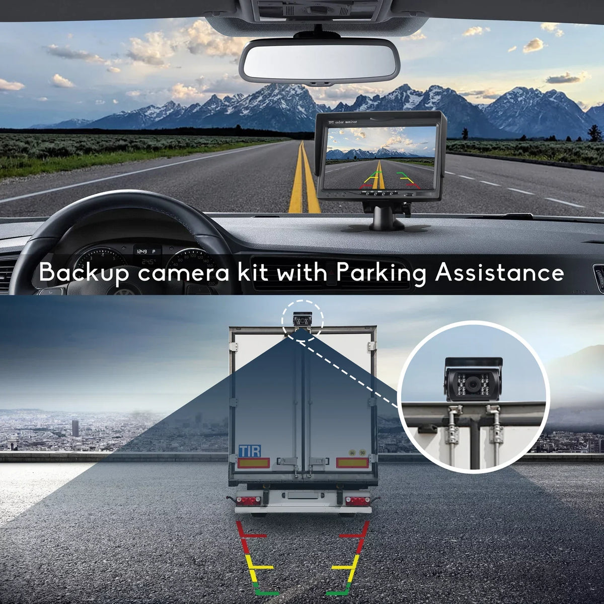 Backup Reverse IP67 RVs CA711 7’’ Rearview Cam TOGUARD Back Trucks, Night LCD Vans, Waterproof Cars, Monitor for Camping View IR Vision Rear up with Kit, Vision Camera with Night