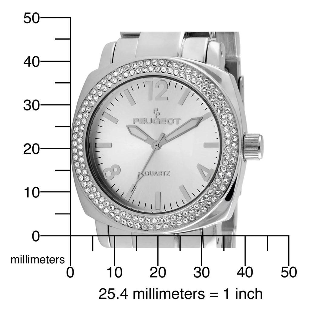 Silver Bracelet Women's Oversized Watch All Metal 7075S Crystal with Peugeot Boyfriend Swarovski Bezel Link