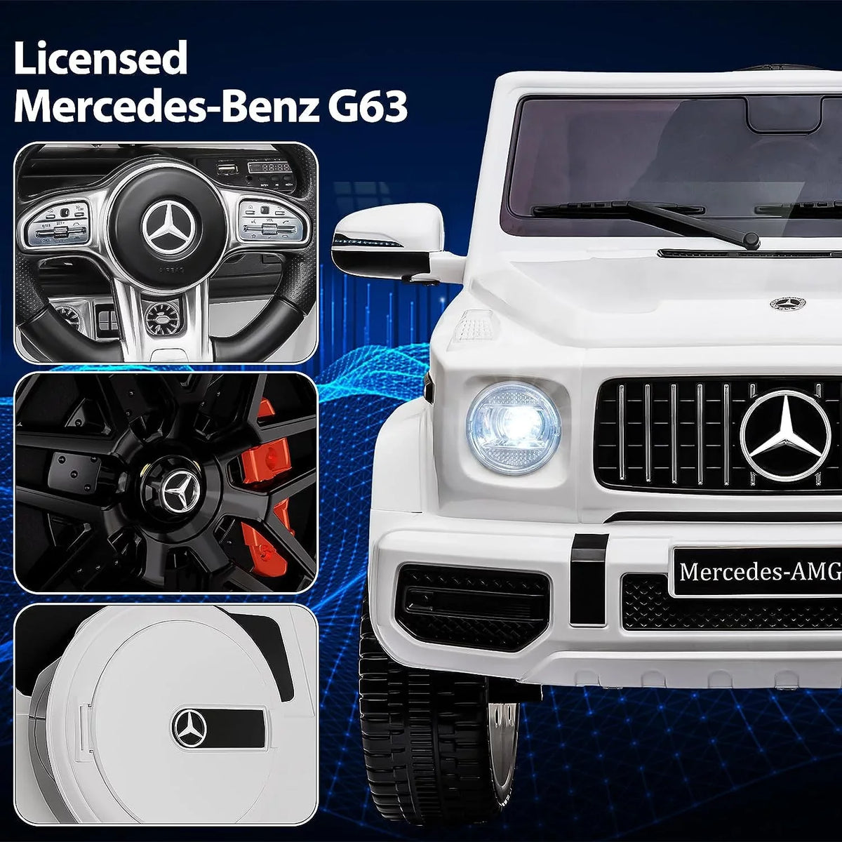 Music, Battery on White Light, G63 Powered AUX, Electric Benz Vehicle, Lock Car, Bluetooth, Ride Car LED w/Remote Kids Electric Safety Control, Suspension, Licensed 12V Spring Horn,