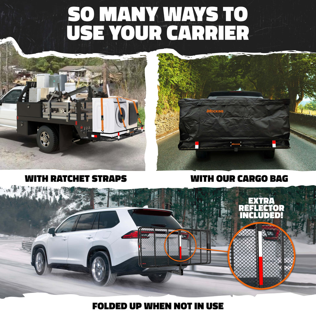 500lbs Bag Mockins | & Foldable Arm Hitch Cap. Basket XXL 70"x30"x6" Cargo Hitch 40 Carrier Hitch Trailer with CF Mount