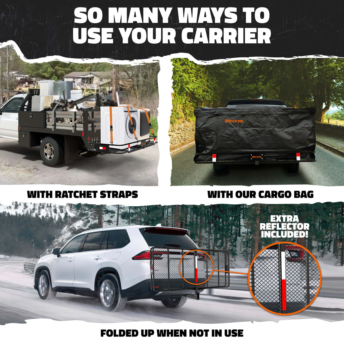 500lbs Bag Mockins | & Foldable Arm Hitch Cap. Basket XXL 70"x30"x6" Cargo Hitch 40 Carrier Hitch Trailer with CF Mount