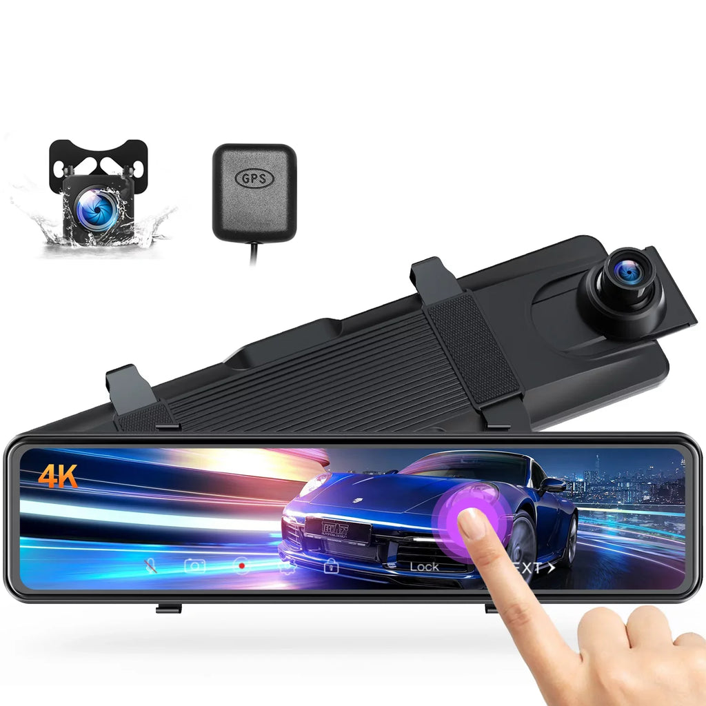 Toguard Rear View Mirror Camera, 12" Touch Screen 4K+1080P Front And Rear Dash Cam, Parking Assist, Parking Monitoring, Gps