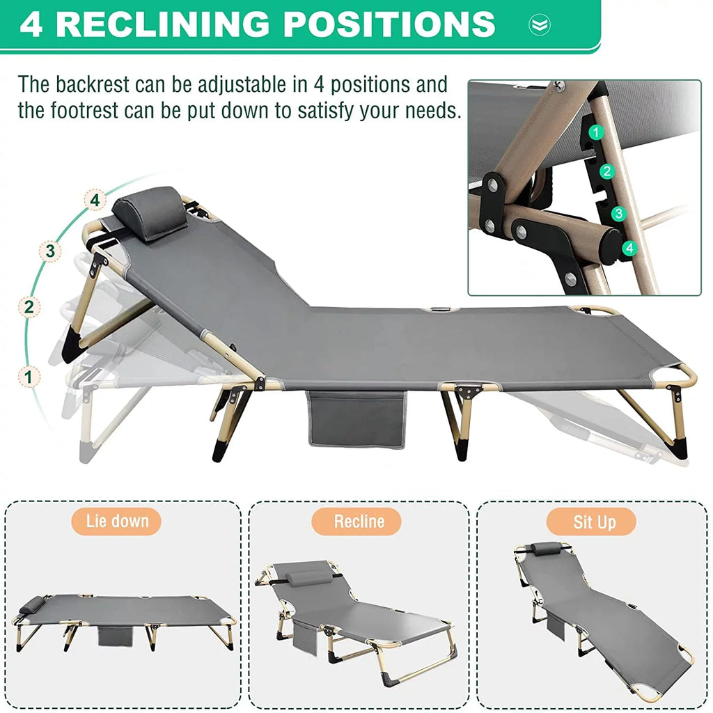 Lounge with ABORON for Mattress, Adjustable Portable Chaise Cot, 4-Fold exterior/Indoor Beach Chair,Camping and Folding Recliner Patio Pillow Garden