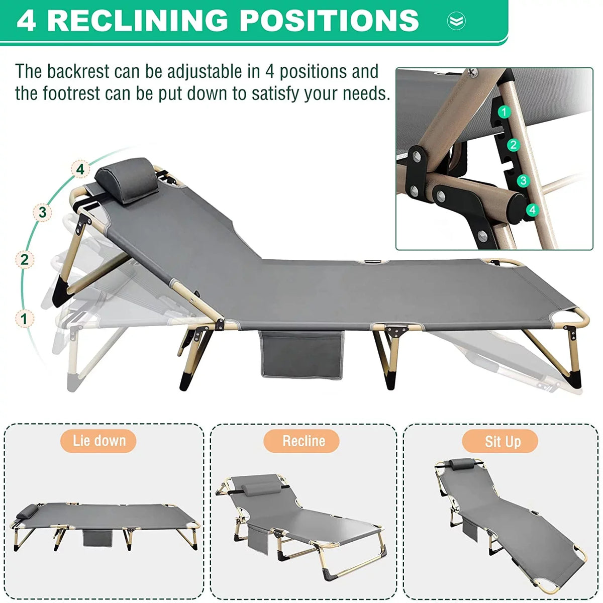 Lounge with ABORON for Mattress, Adjustable Portable Chaise Cot, 4-Fold exterior/Indoor Beach Chair,Camping and Folding Recliner Patio Pillow Garden