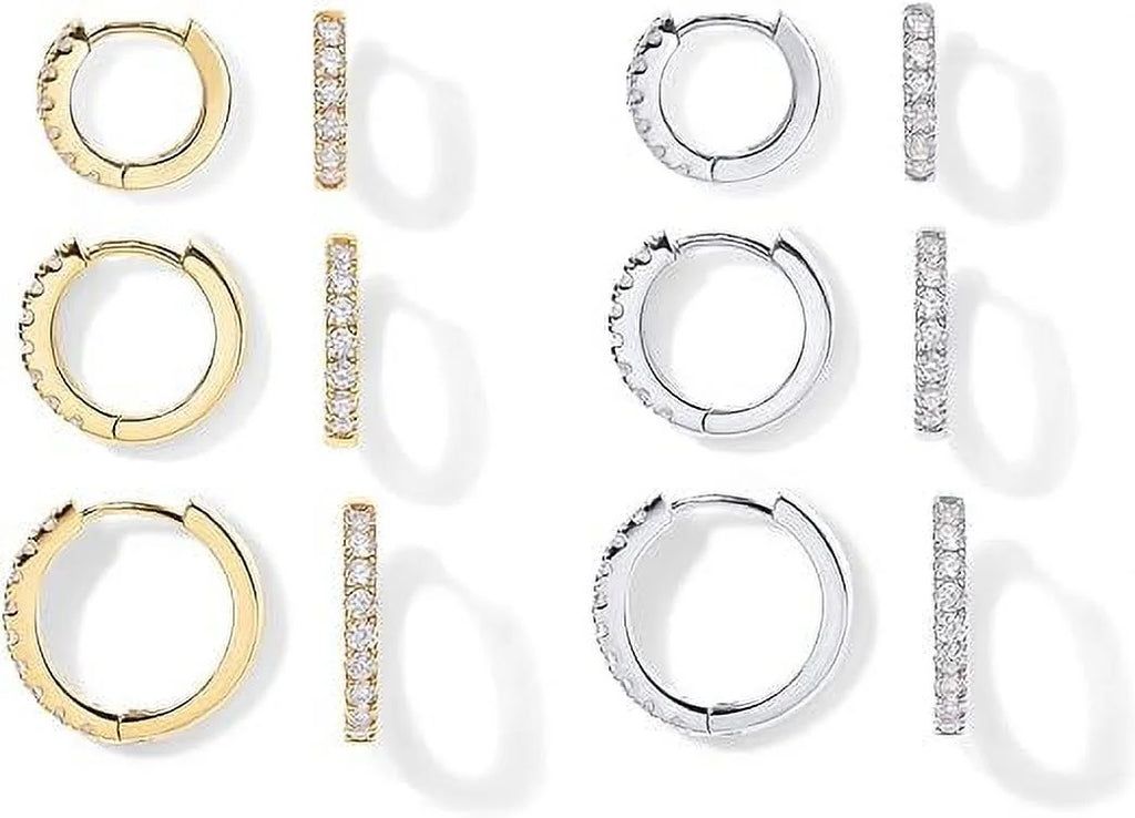 Pavoi 18K Yellow And White Gold Plated Pack 925 Sterling Silver Post, 6 Pairs Small Gold Hoop Earrings Set | Mini Cartilage Helix Huggie Hoop Pack For Women Men 8Mm 10Mm 12Mm