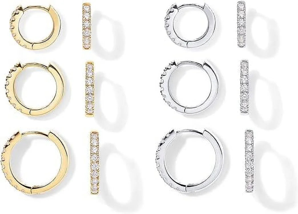 Pavoi 18K Yellow And White Gold Plated Pack 925 Sterling Silver Post, 6 Pairs Small Gold Hoop Earrings Set | Mini Cartilage Helix Huggie Hoop Pack For Women Men 8Mm 10Mm 12Mm