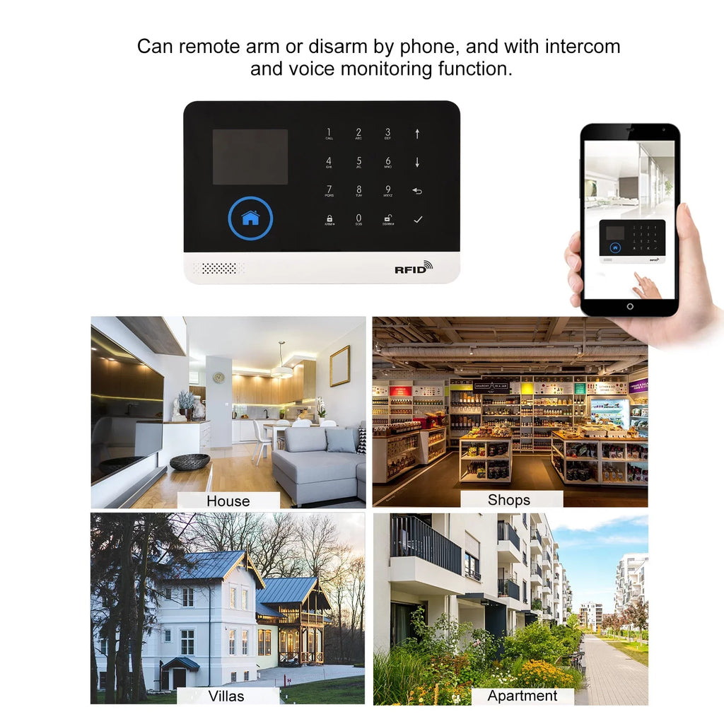 Voice Sensor 433MHz GSM Door Control Wireless Smart APP Home Burglar Motion Control Remote Home WIFI System Alarm System LCD Auto-dial Display Phone Alarm with Compatible Sensor + PIR
