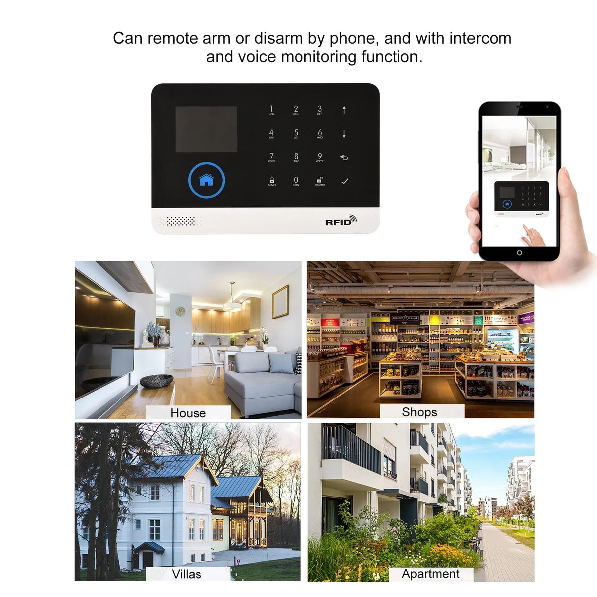 Voice Sensor 433MHz GSM Door Control Wireless Smart APP Home Burglar Motion Control Remote Home WIFI System Alarm System LCD Auto-dial Display Phone Alarm with Compatible Sensor + PIR