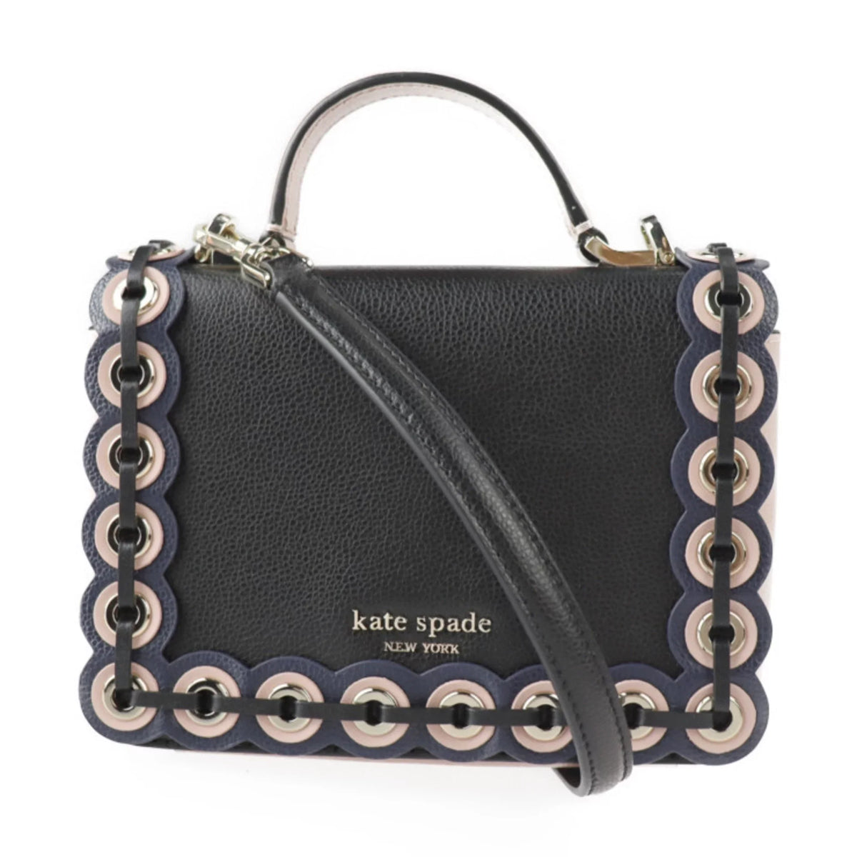 2WAY punching hardware handbag drive (Good) grommet pink Patternson black Spade Maisy WKRU5899 shoulder gold Pre-Owned beige leather bag Kate