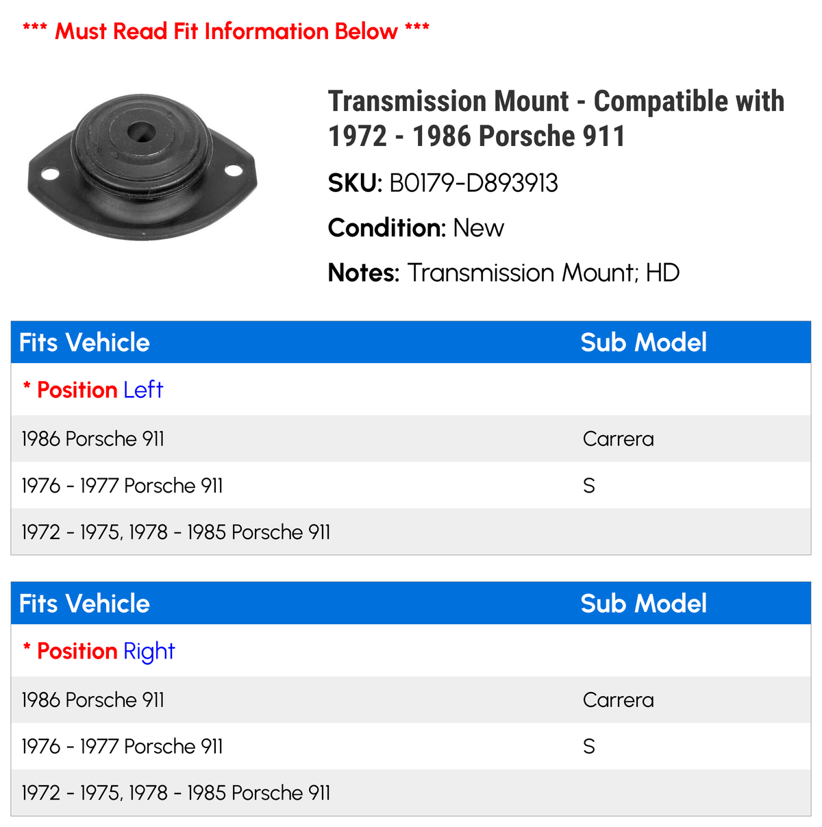 Transmission Mount - Compatible With 1972 - 1986 Porsche 911 1973 1974 1975 1976 1977 1978 1979 1980 1981 1982 1983 1984 1985