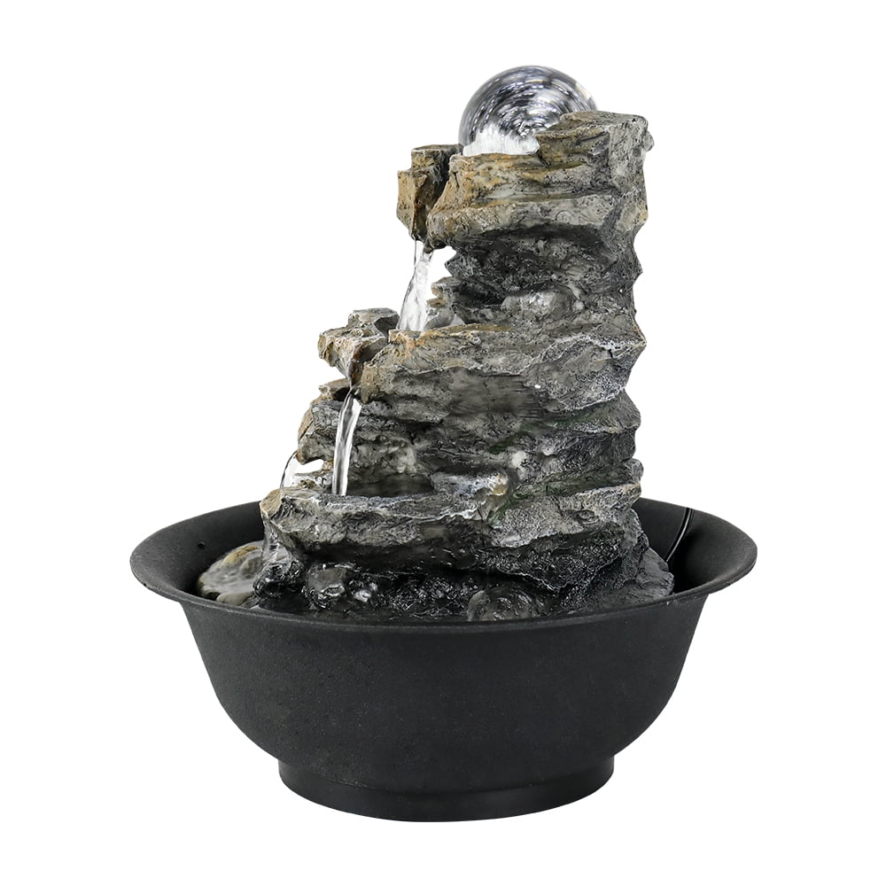 8.3-Inch High 4-Tier Cascading Rock Falls Tabletop Water Fountain With Led Lights For Home And Office Decor