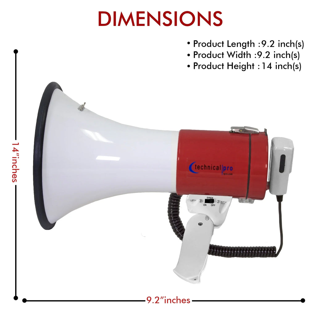 Technical Pro Portable 40 Watts 800M-1000M Range Megaphone Bullhorn With Strap Siren Volume Control For Trainers