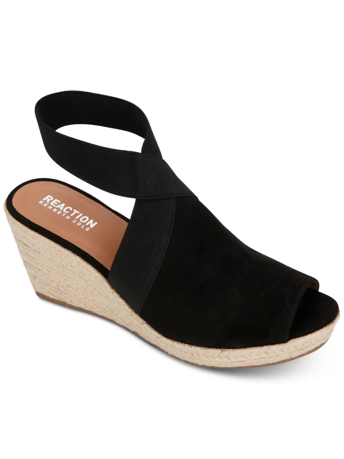 8.5 REACTION M 1/2" Black On Stretch COLE Strap Padded Espadrille Gore Ankle Shoes Toe KENNETH Round Carrie Womens Flex Slip Platform Wedge Comfort