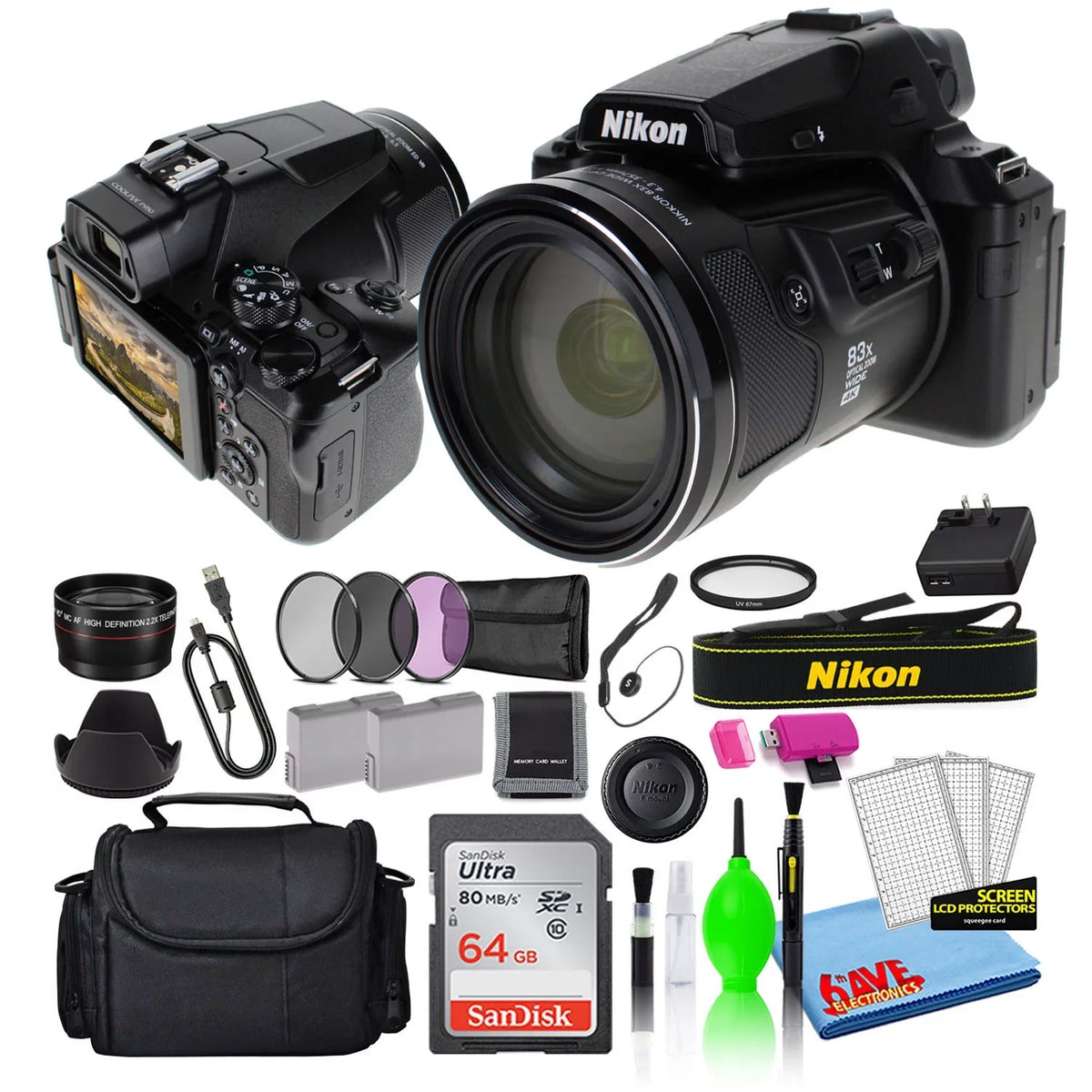 '+ Telephoto Nikon + Card + COOLPIX + Bag Zoom with P950 Filters 16MP More Super (26532) + Package Battery Camera Lens SD Extra 64GB Digital