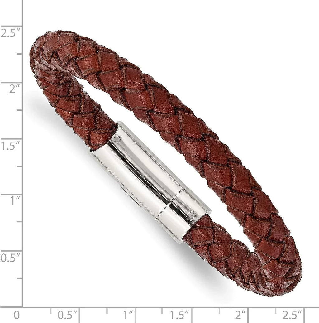 8.5" Polished Brown Bracelet Steel Leather Stainless Chisel - Braided