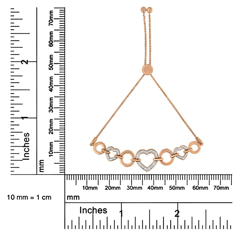 14K Rose Gold Plated .925 Sterling Silver Diamond Accent Circle And Heart Link Adjustable 6”-10” Bolo Bracelet (I-J Color, I3 Clarity)