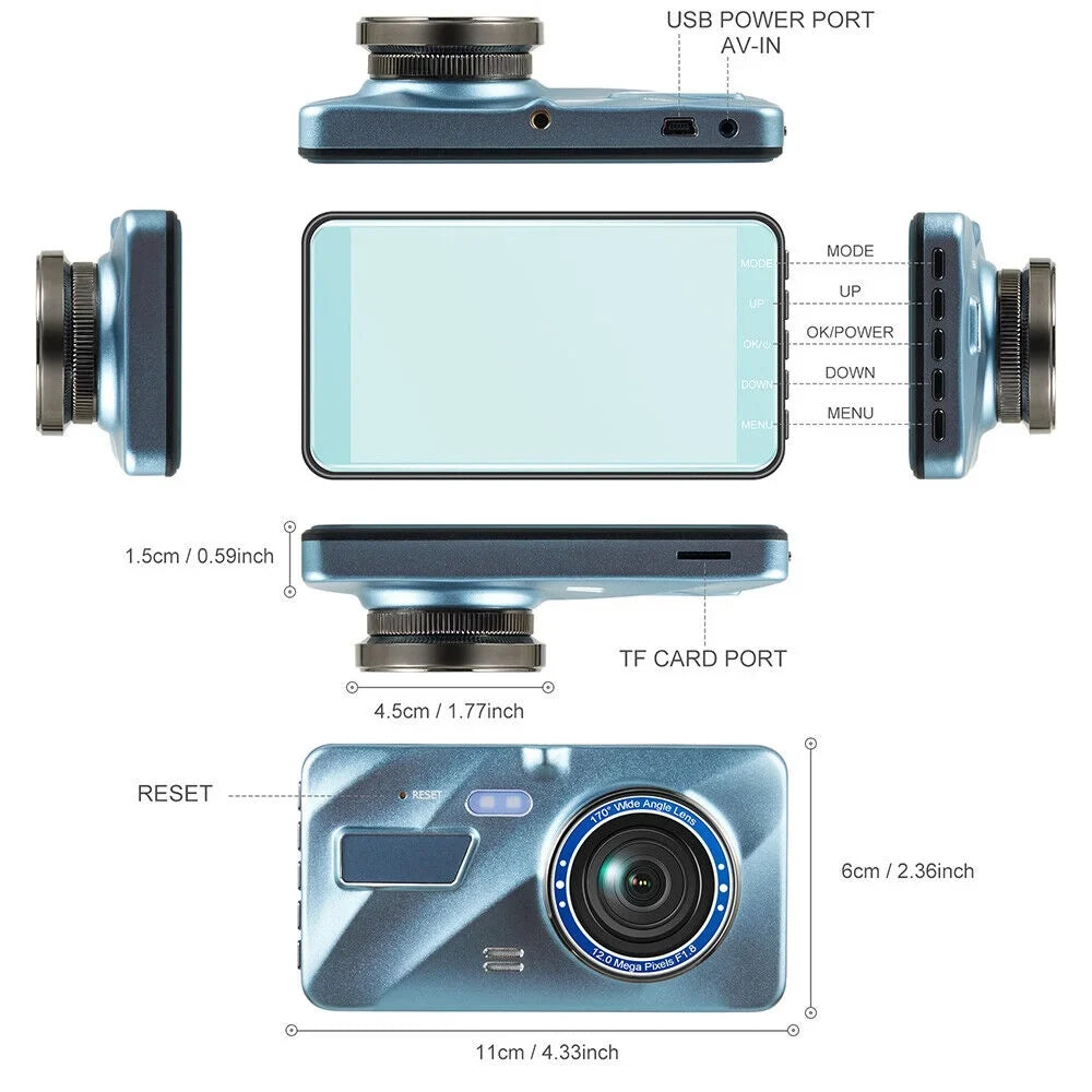 Lens Front Onemayship DVR Camera HD Car Cam Recorder 1080P Night Vision Dash 4" & Rear Dual