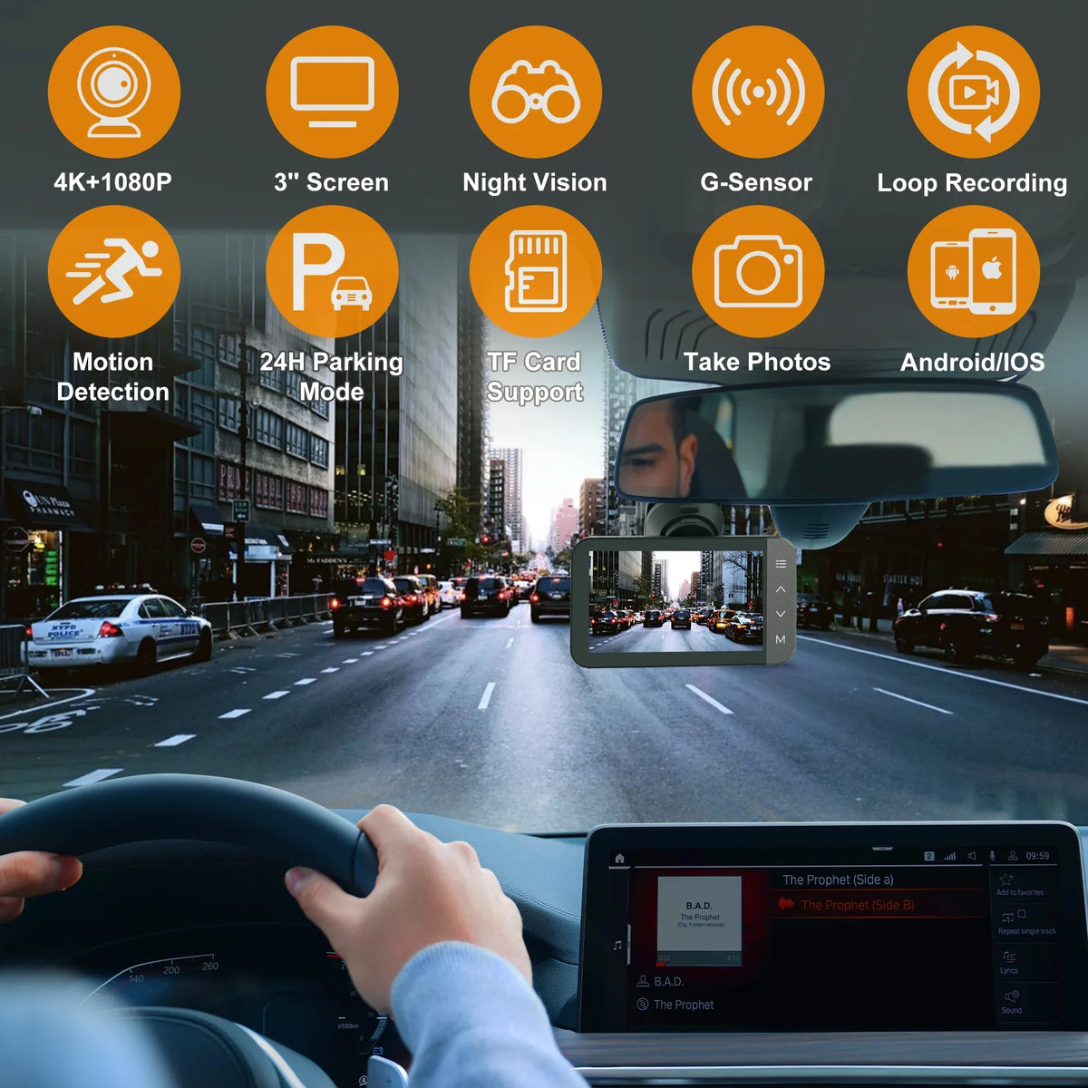 HD Parking and and Mode Car with Vision, Full Recording 3'' and Front Cam Dash G-Sensor, GPS, Loop 4K 24H GCZ Rear and Night For Touchscreen with IPS Dashcam WiFi