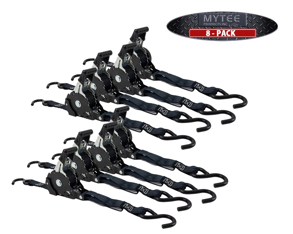 Auto Retract No-Ratcheting Ratchet Straps | 1" X 12' Retractable Ratchet Straps With Coated S Hook Tiedowns For Motorcycles, Atvs, Bikes: Tight & Secure Pickup Trailer Tie-Down - 8 Pack