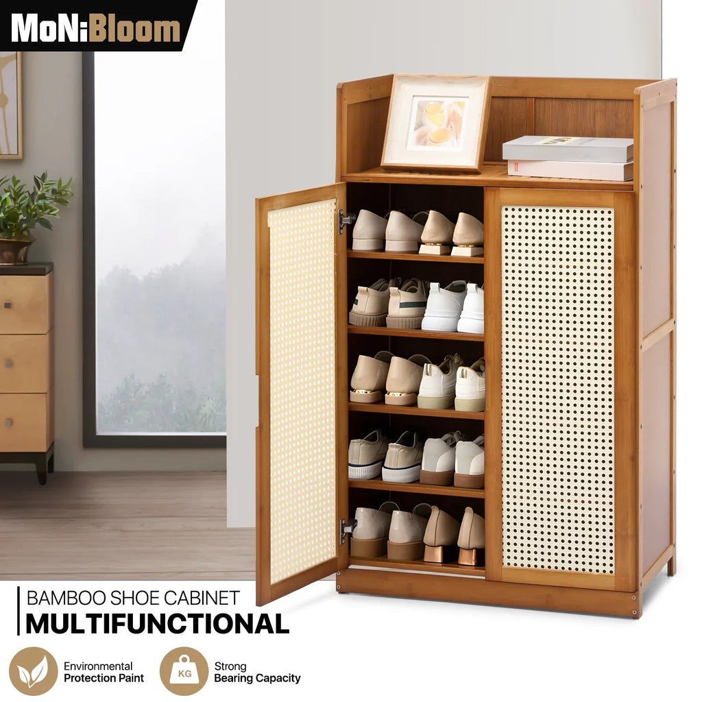 20 MoNiBloom ABS Storage Organizer with Cabinet Brown Shoe with Bamboo Cabinet, Wide Pairs Rattan Sneakers and Shelves, Heels Shoe 6-Tiers Rack Doors, Countertop