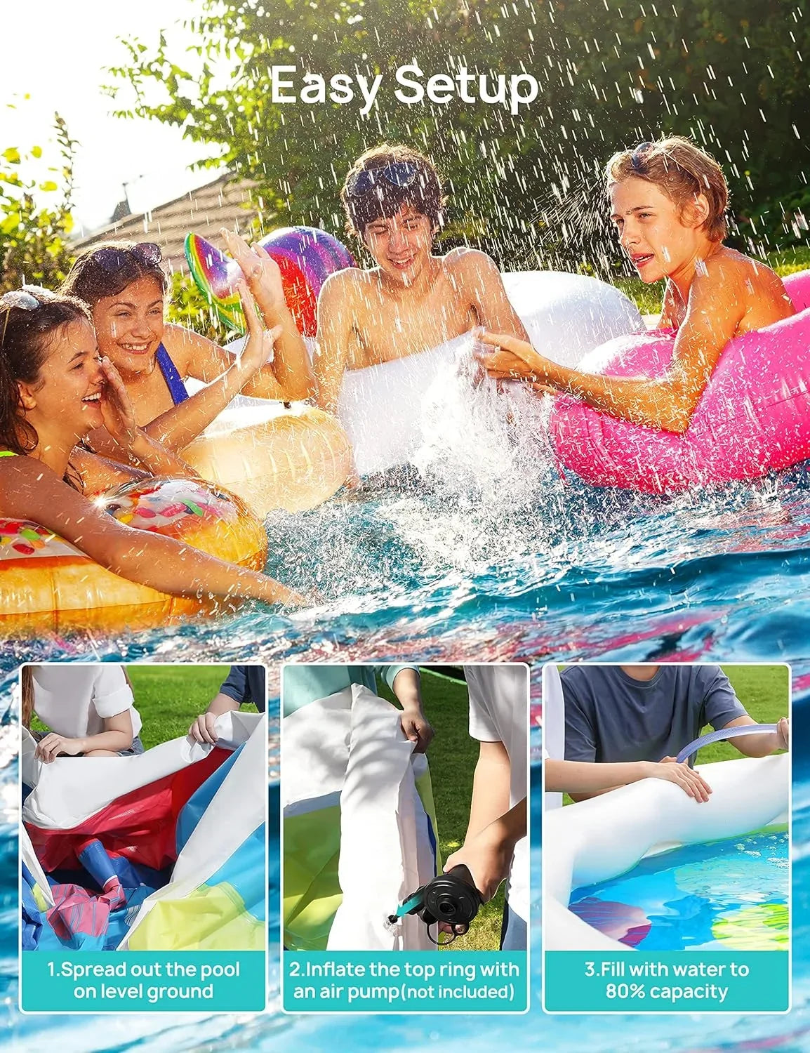 Inflatable 15ft Cover, *35in Pump, and Include 7 Ground Blue Cloth Filter Track Swimming Pool