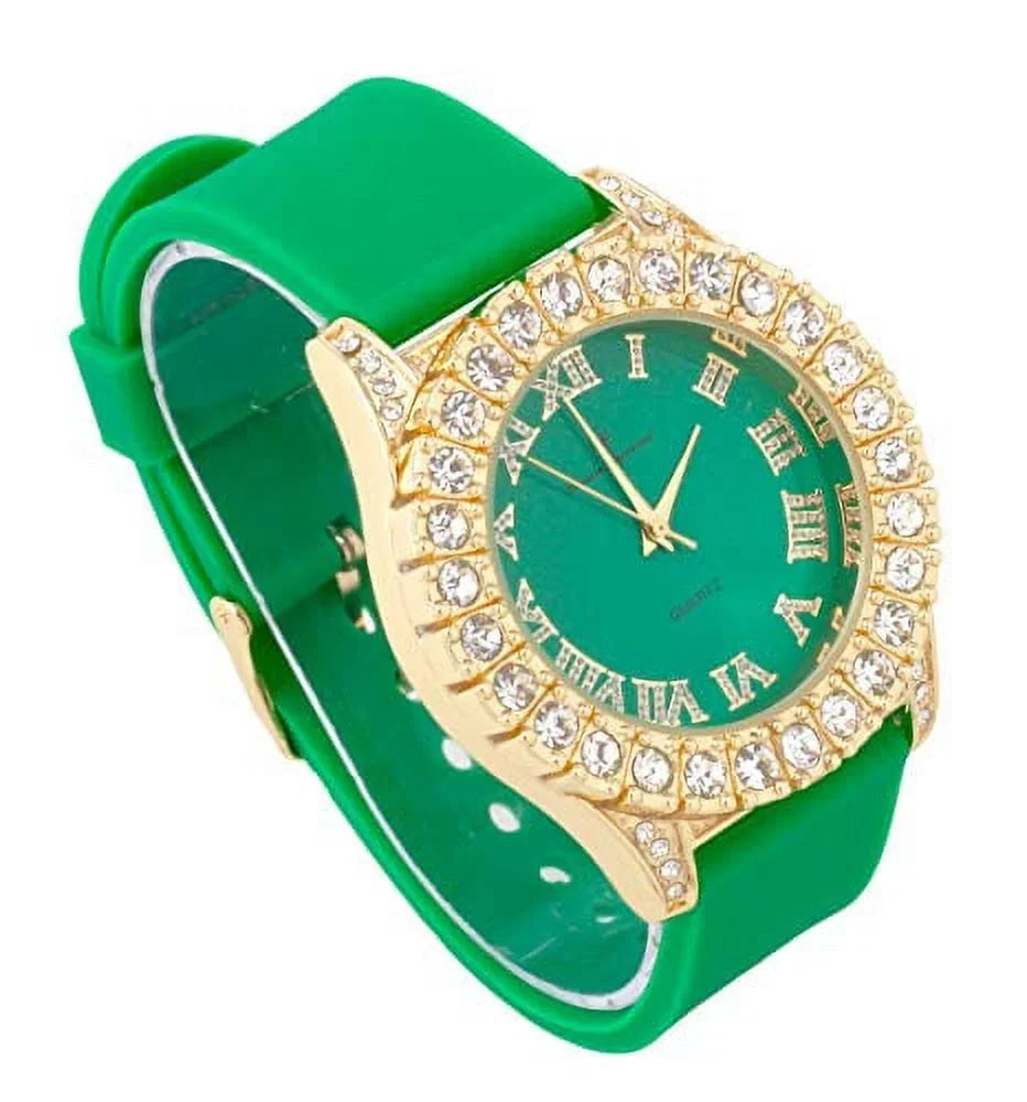 Rocks Mens Out Big Gold Silver Colorful Fully Numerals Green) Roman with Watch Dial ST10327 - Iced RN Single (ST10357