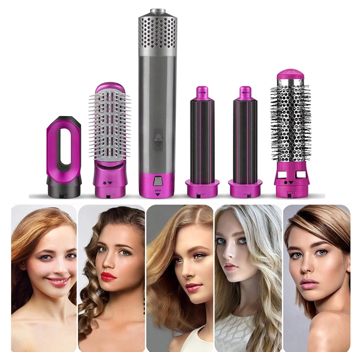 Hair Styler Hair - Ionic Color: Blow Automatic with PinkGold Heads Straightening Negative Brush Brush Curling Electric Brush for - Styling, Dryer and 5-in-1 Dryer Detachable