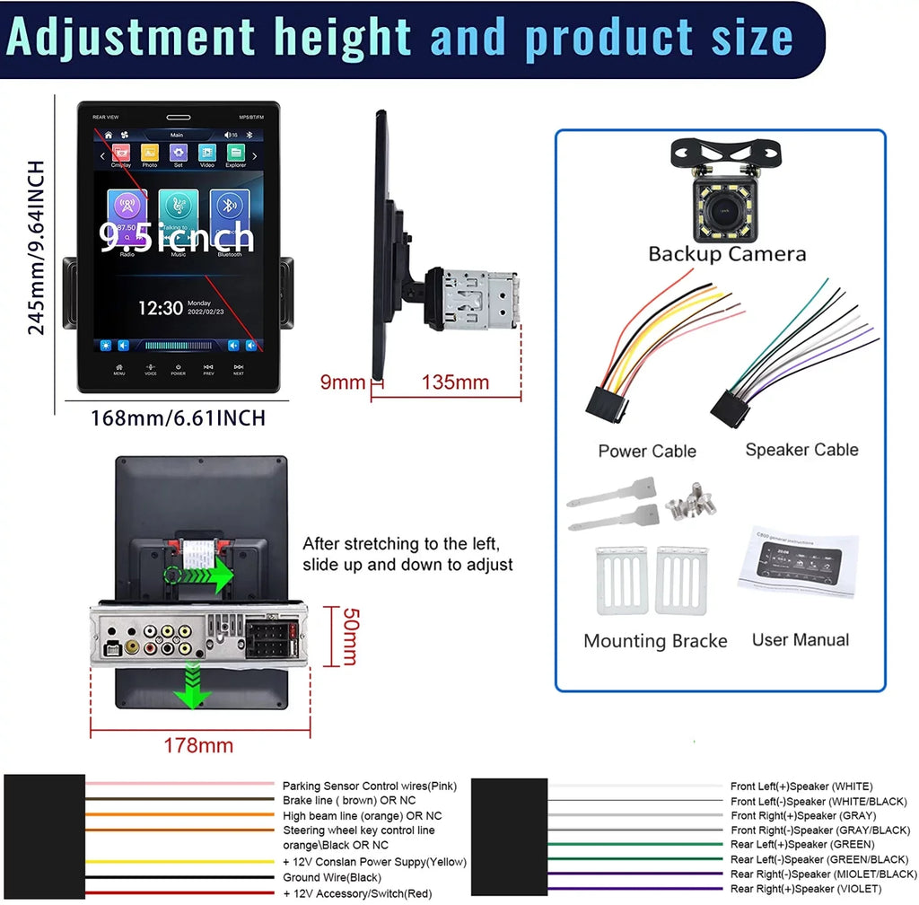 Android USB 12 Touch Stereo Din Mirror Bluetooth 9.5'' with Radio FM,with HD Car Car Player Rear MP5 Single LED Camera Car Link Auto Podofo Screen Carplay