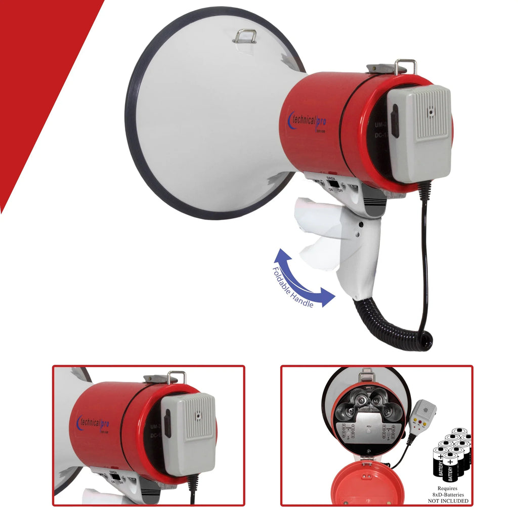 Technical Pro Portable 40 Watts 800M-1000M Range Megaphone Bullhorn With Strap Siren Volume Control For Trainers