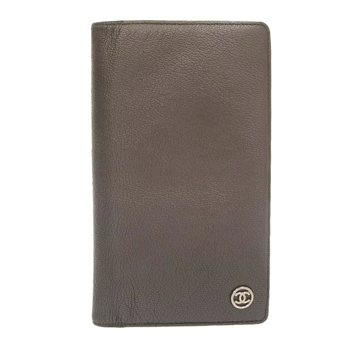 Pre-Loved Chanel Chanel Here Mark Bi-Fold Long Wallet Metallic Lambskin Gray No. 11 With Seal (Fair)