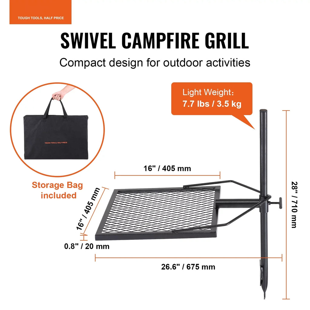 Duty Grate x Adjustable Grill Steel Cooking 16" Swivel BENTISM Open Campfire Heavy 16" Fire