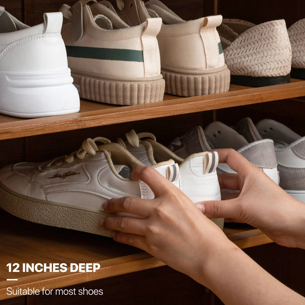20 MoNiBloom ABS Storage Organizer with Cabinet Brown Shoe with Bamboo Cabinet, Wide Pairs Rattan Sneakers and Shelves, Heels Shoe 6-Tiers Rack Doors, Countertop