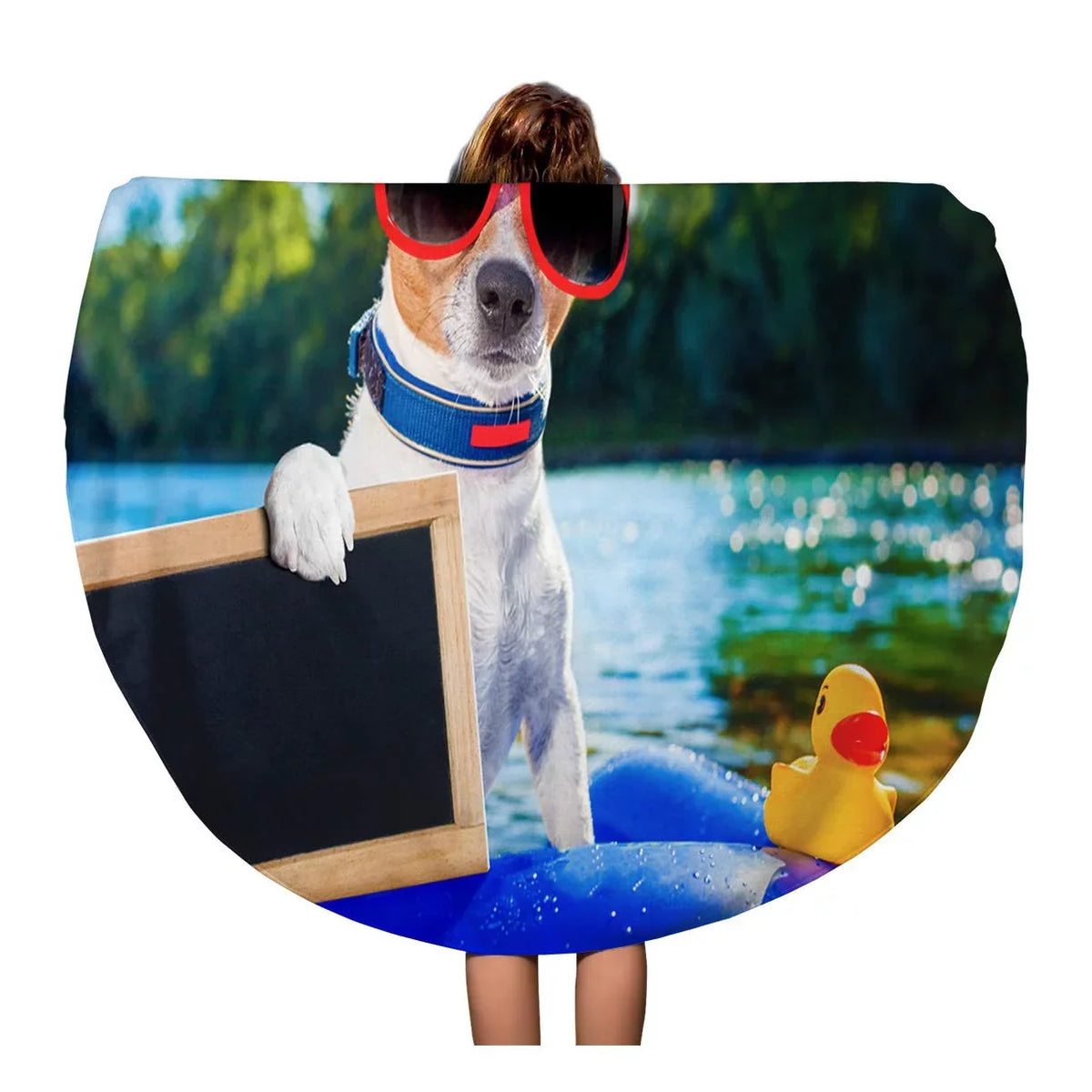 Sidonku 60 Inch Round Beach Towel Blanket Jack Russell Dog Sitting On Inflatable Mattress In Water Travel Circle Circular Towels Mat Tapestry Beach Throw
