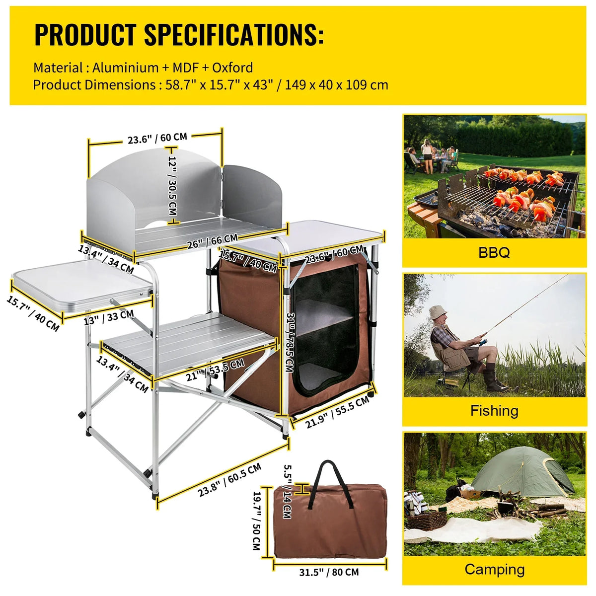 Camp Bag 2-Tier, Folding exterior Table Party, Zippered Color, Table Camping Table BBQ, SKYSHALO Cook Portable Camping, with for Brown Kitchen